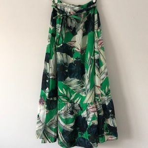 Tie Waist Palm Print Midi Skirt